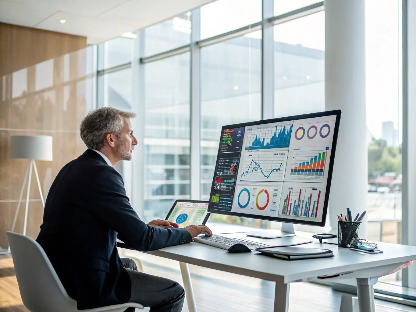 A visual representation of a custom AI agent working seamlessly within a business environment, interacting with various systems and data sources to perform specific tasks.