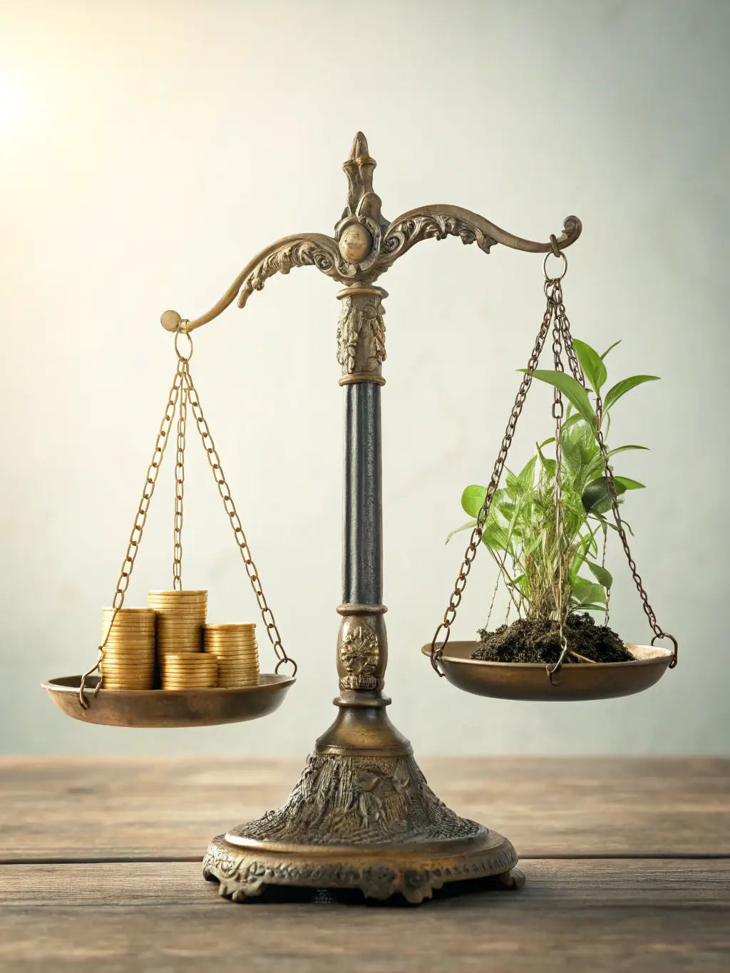 A balanced scale with a cog on one side and a plant on the other, symbolizing the balance between automation and business growth, in a Scandinavian minimal style.
