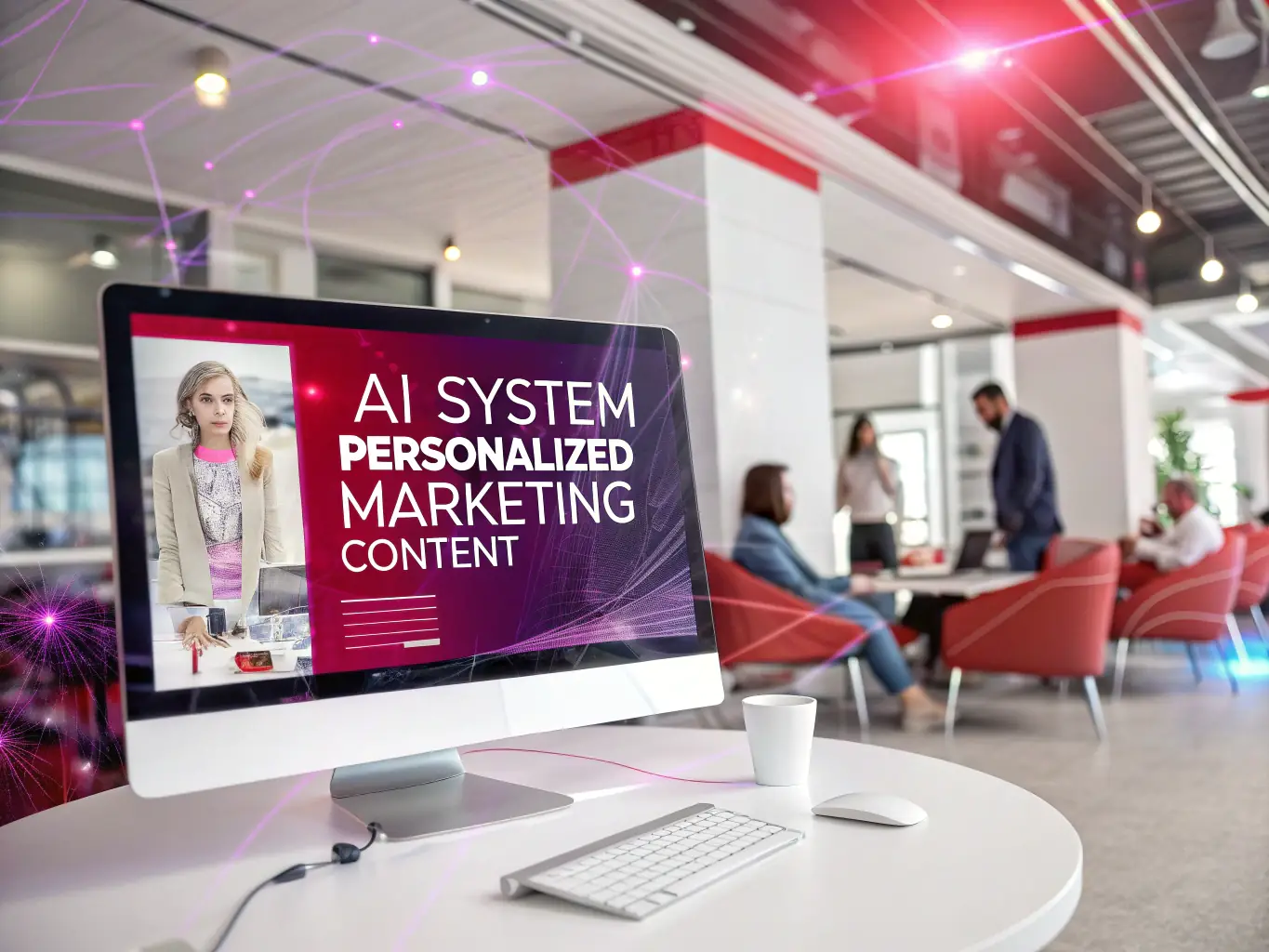 An image showing AI generating marketing content at scale, with various digital assets being created simultaneously, emphasizing efficiency and scalability.